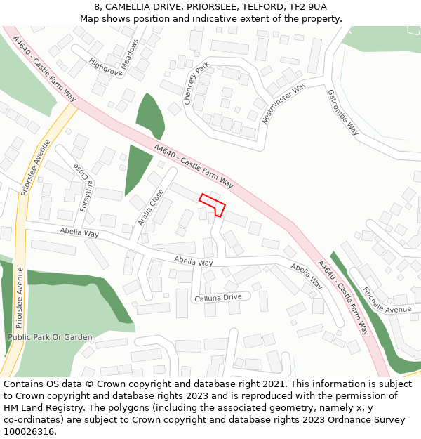 8, CAMELLIA DRIVE, PRIORSLEE, TELFORD, TF2 9UA: Location map and indicative extent of plot