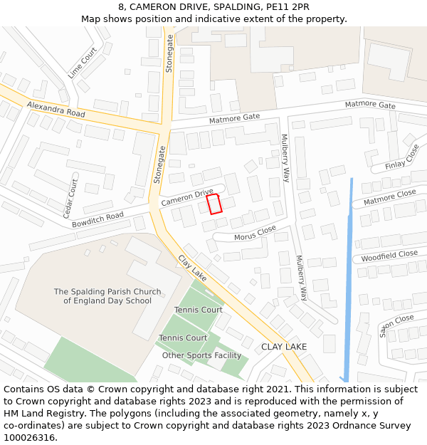 8, CAMERON DRIVE, SPALDING, PE11 2PR: Location map and indicative extent of plot