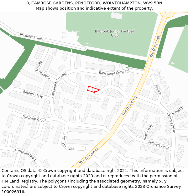 8, CAMROSE GARDENS, PENDEFORD, WOLVERHAMPTON, WV9 5RN: Location map and indicative extent of plot