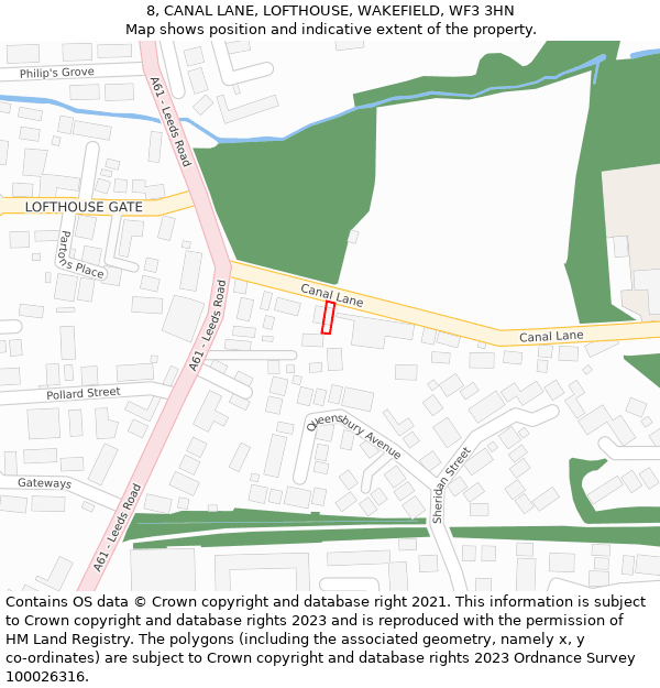 8, CANAL LANE, LOFTHOUSE, WAKEFIELD, WF3 3HN: Location map and indicative extent of plot
