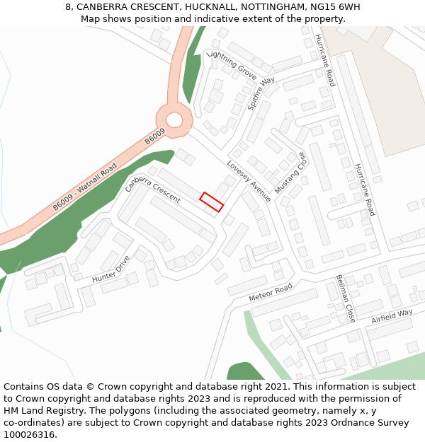 8, CANBERRA CRESCENT, HUCKNALL, NOTTINGHAM, NG15 6WH: Location map and indicative extent of plot