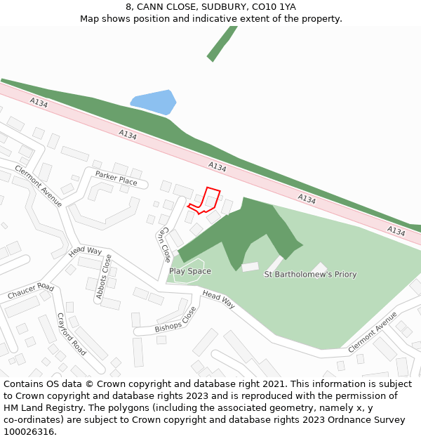 8, CANN CLOSE, SUDBURY, CO10 1YA: Location map and indicative extent of plot