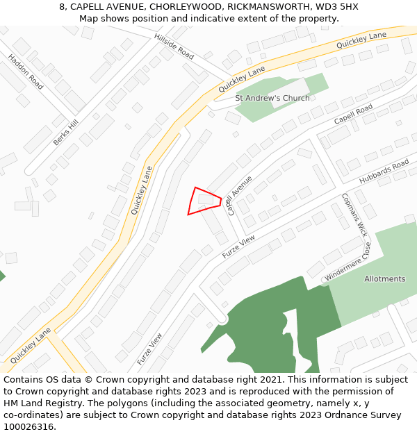 8, CAPELL AVENUE, CHORLEYWOOD, RICKMANSWORTH, WD3 5HX: Location map and indicative extent of plot