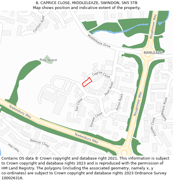 8, CAPRICE CLOSE, MIDDLELEAZE, SWINDON, SN5 5TB: Location map and indicative extent of plot