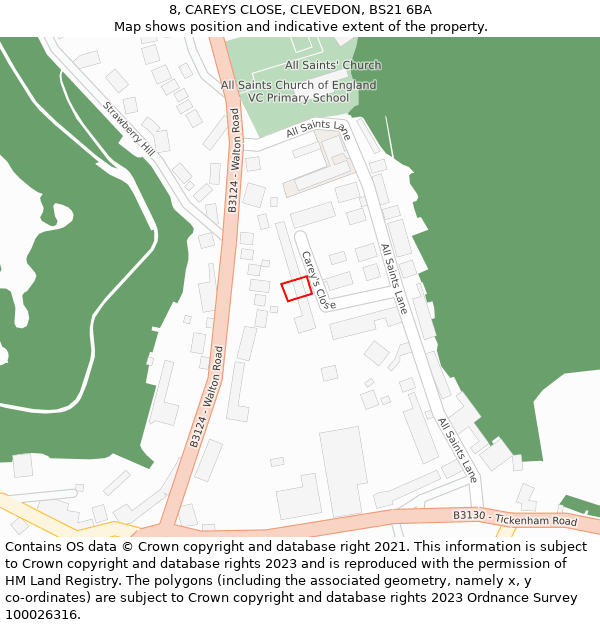 8, CAREYS CLOSE, CLEVEDON, BS21 6BA: Location map and indicative extent of plot