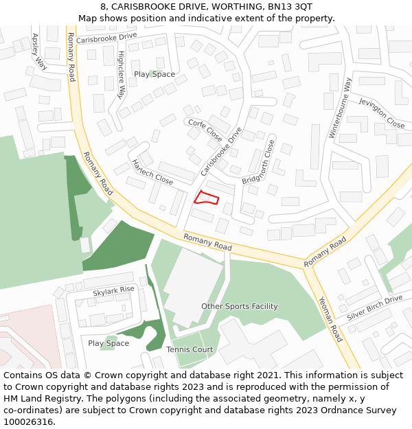 8, CARISBROOKE DRIVE, WORTHING, BN13 3QT: Location map and indicative extent of plot