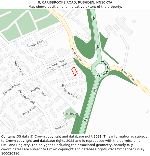 8, CARISBROOKE ROAD, RUSHDEN, NN10 0TA: Location map and indicative extent of plot