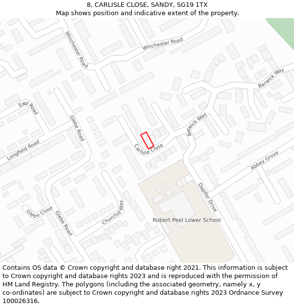 8, CARLISLE CLOSE, SANDY, SG19 1TX: Location map and indicative extent of plot