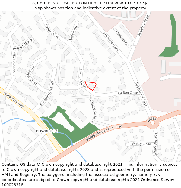 8, CARLTON CLOSE, BICTON HEATH, SHREWSBURY, SY3 5JA: Location map and indicative extent of plot