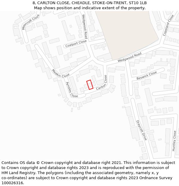 8, CARLTON CLOSE, CHEADLE, STOKE-ON-TRENT, ST10 1LB: Location map and indicative extent of plot