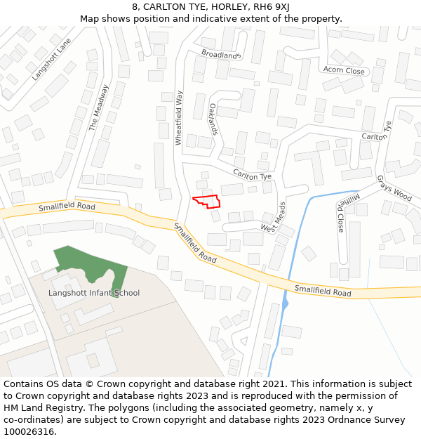 8, CARLTON TYE, HORLEY, RH6 9XJ: Location map and indicative extent of plot