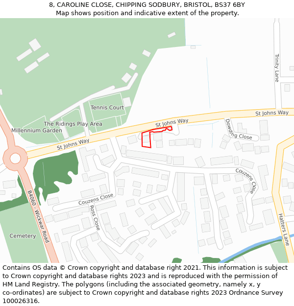 8, CAROLINE CLOSE, CHIPPING SODBURY, BRISTOL, BS37 6BY: Location map and indicative extent of plot