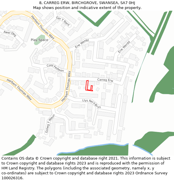 8, CARREG ERW, BIRCHGROVE, SWANSEA, SA7 0HJ: Location map and indicative extent of plot