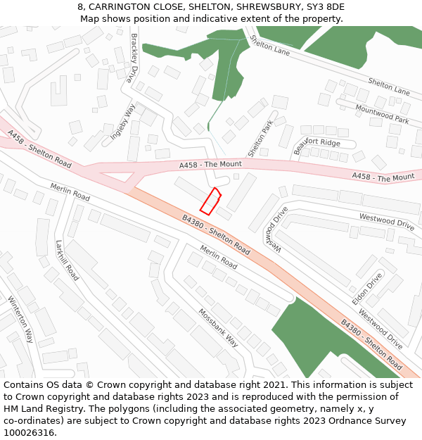 8, CARRINGTON CLOSE, SHELTON, SHREWSBURY, SY3 8DE: Location map and indicative extent of plot