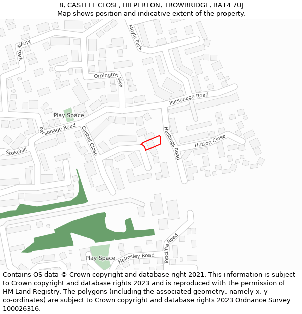 8, CASTELL CLOSE, HILPERTON, TROWBRIDGE, BA14 7UJ: Location map and indicative extent of plot