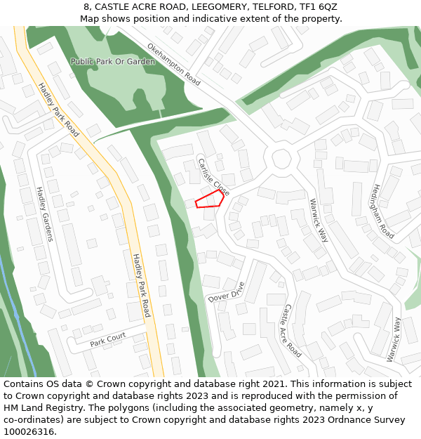 8, CASTLE ACRE ROAD, LEEGOMERY, TELFORD, TF1 6QZ: Location map and indicative extent of plot