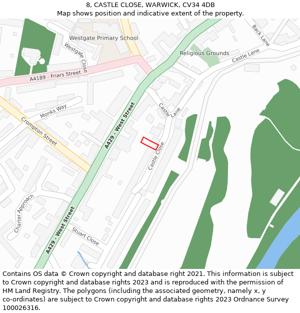 8, CASTLE CLOSE, WARWICK, CV34 4DB: Location map and indicative extent of plot