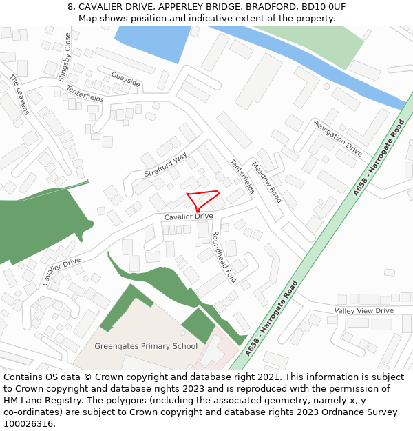 8, CAVALIER DRIVE, APPERLEY BRIDGE, BRADFORD, BD10 0UF: Location map and indicative extent of plot