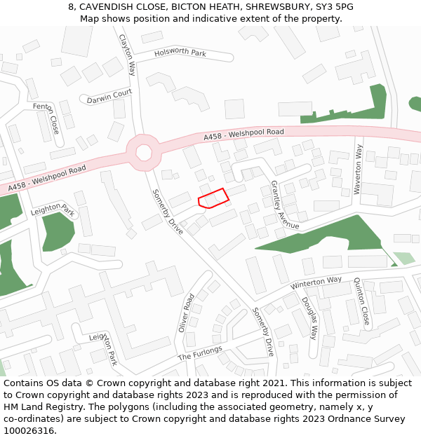 8, CAVENDISH CLOSE, BICTON HEATH, SHREWSBURY, SY3 5PG: Location map and indicative extent of plot