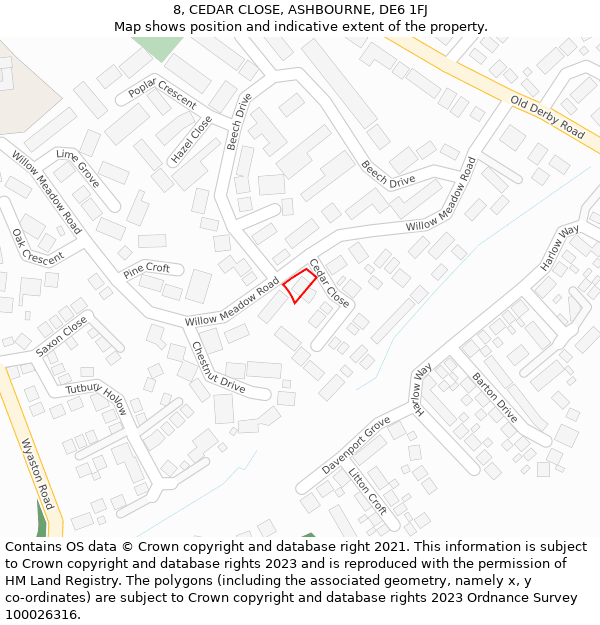 8, CEDAR CLOSE, ASHBOURNE, DE6 1FJ: Location map and indicative extent of plot