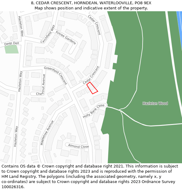 8, CEDAR CRESCENT, HORNDEAN, WATERLOOVILLE, PO8 9EX: Location map and indicative extent of plot