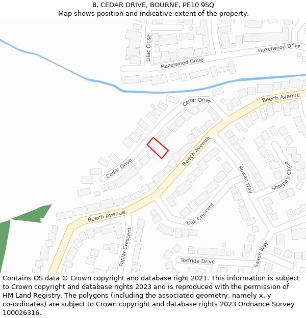 8, CEDAR DRIVE, BOURNE, PE10 9SQ: Location map and indicative extent of plot