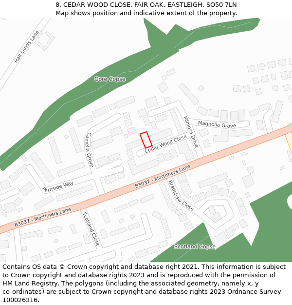 8, CEDAR WOOD CLOSE, FAIR OAK, EASTLEIGH, SO50 7LN: Location map and indicative extent of plot