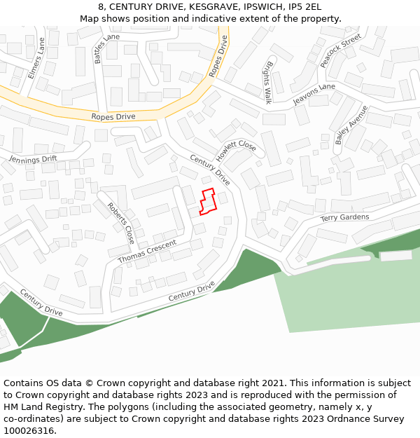 8, CENTURY DRIVE, KESGRAVE, IPSWICH, IP5 2EL: Location map and indicative extent of plot