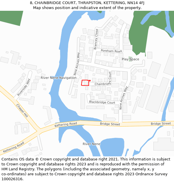 8, CHAINBRIDGE COURT, THRAPSTON, KETTERING, NN14 4FJ: Location map and indicative extent of plot