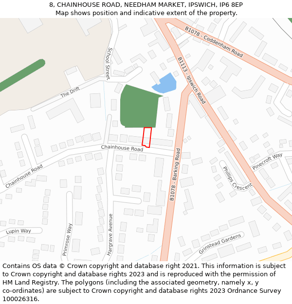 8, CHAINHOUSE ROAD, NEEDHAM MARKET, IPSWICH, IP6 8EP: Location map and indicative extent of plot