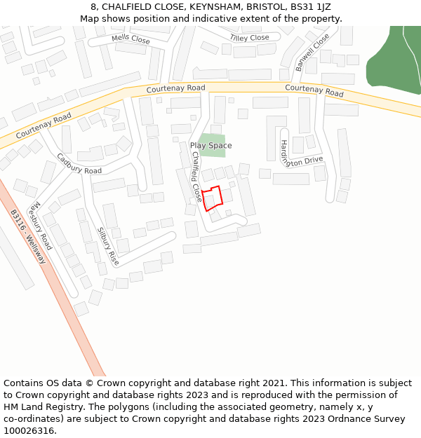 8, CHALFIELD CLOSE, KEYNSHAM, BRISTOL, BS31 1JZ: Location map and indicative extent of plot