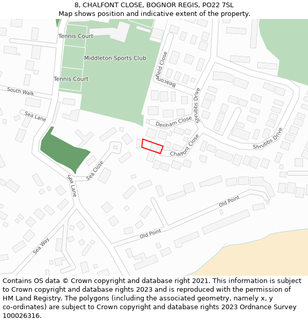 8, CHALFONT CLOSE, BOGNOR REGIS, PO22 7SL: Location map and indicative extent of plot