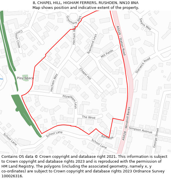 8, CHAPEL HILL, HIGHAM FERRERS, RUSHDEN, NN10 8NA: Location map and indicative extent of plot