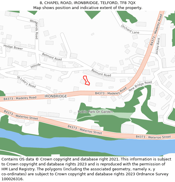 8, CHAPEL ROAD, IRONBRIDGE, TELFORD, TF8 7QX: Location map and indicative extent of plot