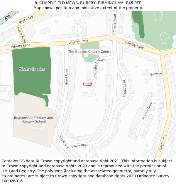 8, CHAPELFIELD MEWS, RUBERY, BIRMINGHAM, B45 9EE: Location map and indicative extent of plot