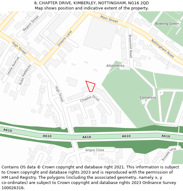 8, CHAPTER DRIVE, KIMBERLEY, NOTTINGHAM, NG16 2QD: Location map and indicative extent of plot