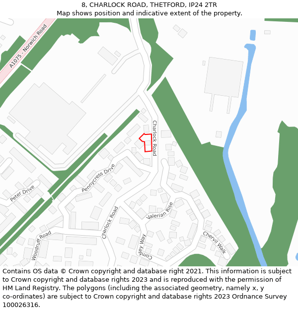 8, CHARLOCK ROAD, THETFORD, IP24 2TR: Location map and indicative extent of plot