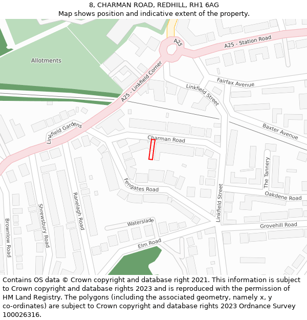 8, CHARMAN ROAD, REDHILL, RH1 6AG: Location map and indicative extent of plot