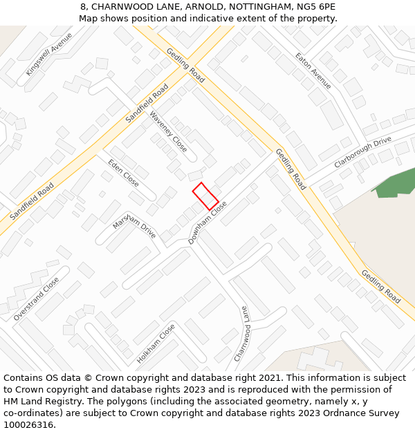 8, CHARNWOOD LANE, ARNOLD, NOTTINGHAM, NG5 6PE: Location map and indicative extent of plot