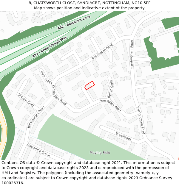 8, CHATSWORTH CLOSE, SANDIACRE, NOTTINGHAM, NG10 5PF: Location map and indicative extent of plot