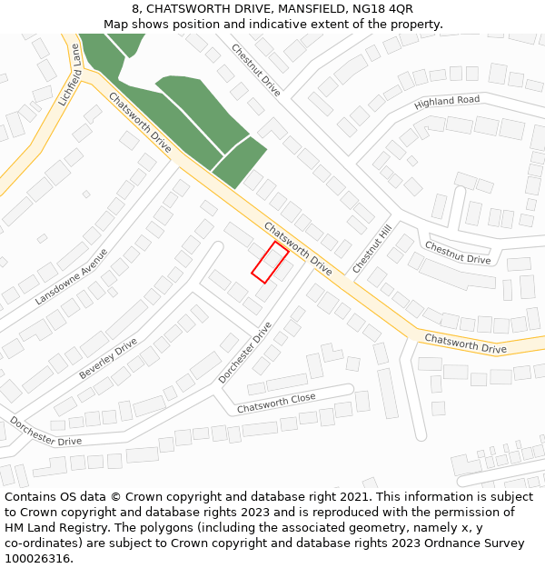 8, CHATSWORTH DRIVE, MANSFIELD, NG18 4QR: Location map and indicative extent of plot