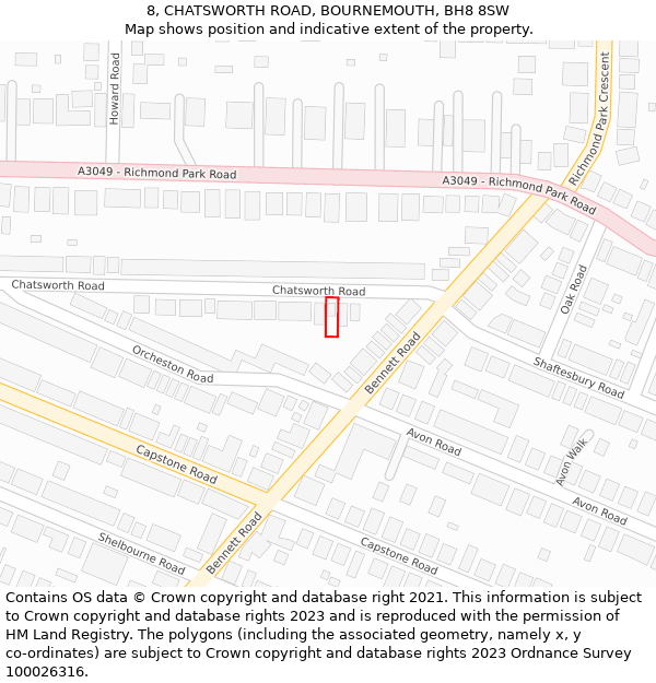 8, CHATSWORTH ROAD, BOURNEMOUTH, BH8 8SW: Location map and indicative extent of plot