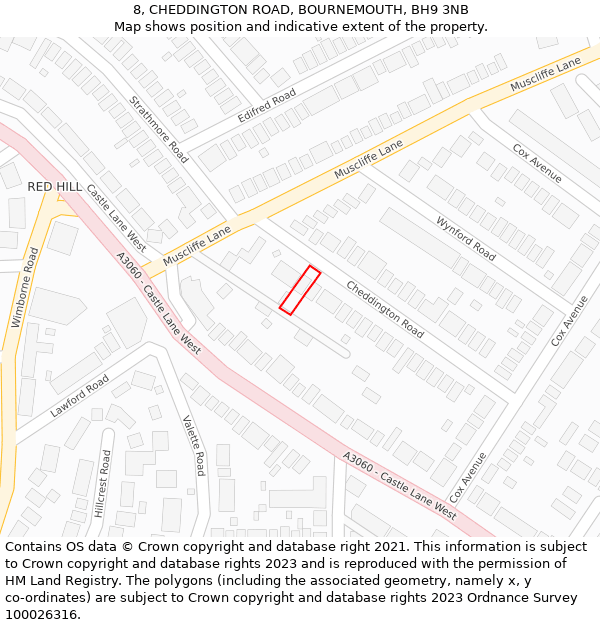 8, CHEDDINGTON ROAD, BOURNEMOUTH, BH9 3NB: Location map and indicative extent of plot