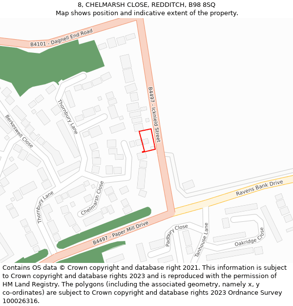 8, CHELMARSH CLOSE, REDDITCH, B98 8SQ: Location map and indicative extent of plot