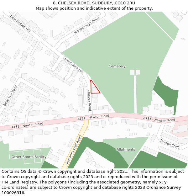 8, CHELSEA ROAD, SUDBURY, CO10 2RU: Location map and indicative extent of plot