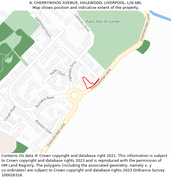 8, CHERRYWOOD AVENUE, HALEWOOD, LIVERPOOL, L26 6BL: Location map and indicative extent of plot