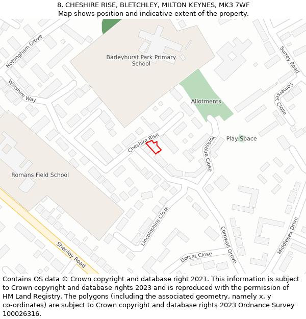 8, CHESHIRE RISE, BLETCHLEY, MILTON KEYNES, MK3 7WF: Location map and indicative extent of plot