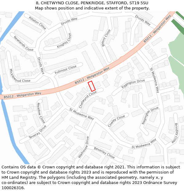 8, CHETWYND CLOSE, PENKRIDGE, STAFFORD, ST19 5SU: Location map and indicative extent of plot