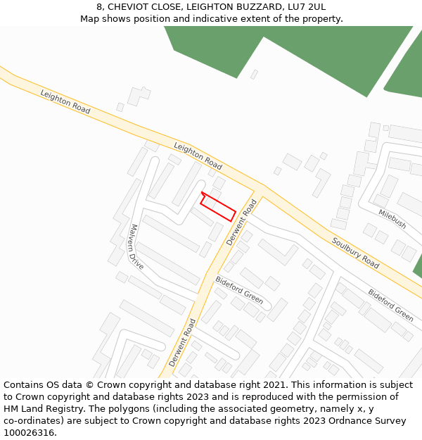 8, CHEVIOT CLOSE, LEIGHTON BUZZARD, LU7 2UL: Location map and indicative extent of plot