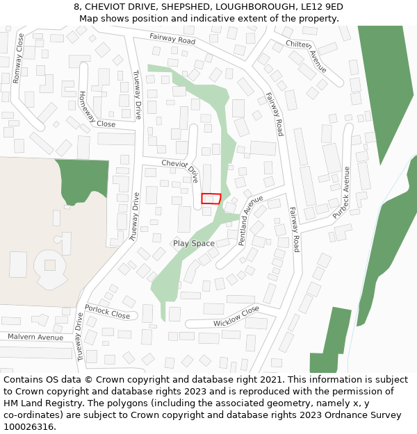8, CHEVIOT DRIVE, SHEPSHED, LOUGHBOROUGH, LE12 9ED: Location map and indicative extent of plot